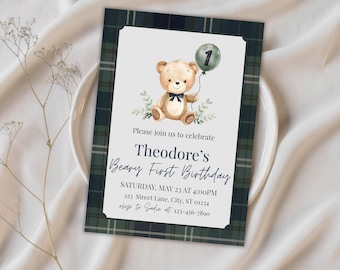 Beary First Birthday Party Invite, Gender Neutral, Editable & Printable Canva Template (Digital Download) BP02