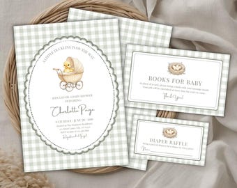 Little Duckling Baby Shower Invite Bundle, Gingham, Editable & Printable Canva Template (Digital Download) BS19