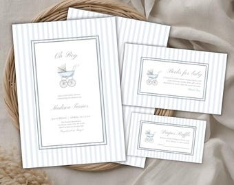 Ensemble d'invitations baby shower poussette bleue, Oh Boy, modèle de toile modifiable et imprimable (téléchargement numérique)