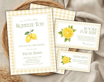 Lemon Baby Shower Invite Bundle, Can't Wait to Sqeeze You, Editable & Printable Canva Template (Digital Download) BS33