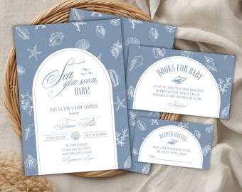 Sea You Soon Baby Shower Invite Bundle, Seashells, Editable & Printable Canva Template (Digital Download) BS32