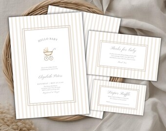 Stroller Baby Shower Invite Bundle, Minimalist, Editable & Printable Canva Template (Digital Download)
