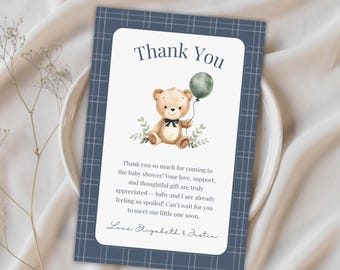 Teddy Bear Baby Shower Thank You Card, Editable & Printable Canva Template (Digital Download)  BS14