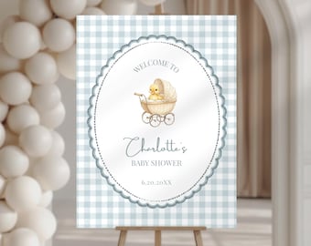 Little Duckling Baby Shower Welcome Sign, Blue Gingham, Editable & Printable Canva Template (Digital Download)