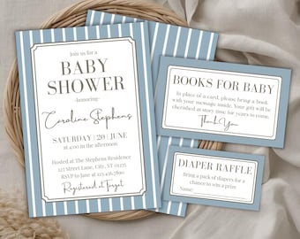 Blue Striped Baby Shower Invite Bundle, Editable & Printable Canva Template (Digital Download) BS15