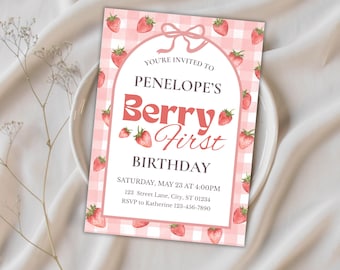 Berry First Birthday Party Invite, Strawberry Girl Birthday, Editable & Printable Canva Template (Digital Download)