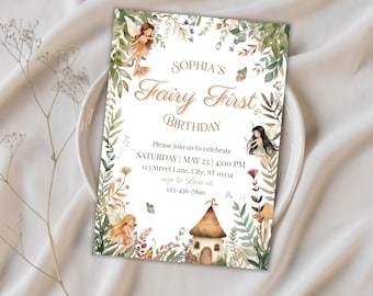Fairy First Birthday Party Invite, Girl 1st Birthday, Editable & Printable Canva Template (Digital Download)