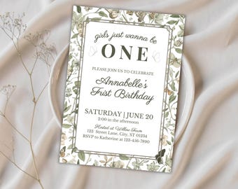 Botanical 1st Birthday Party Invite, Girls Just Wanna Be One, Editable & Printable Canva Template (Digital Download)