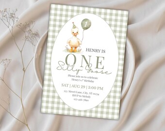 One Silly Goose Birthday Party Invite, Green Plaid, Gender Neutral, Editable & Printable Canva Template (Digital Download) BS12