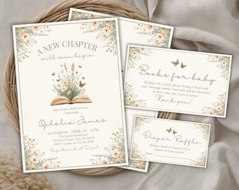 Story Book Baby Shower Invite Bundle, A New Chapter Begins, Wildflower, Editable & Printable Canva Template (Digital Download) BS13