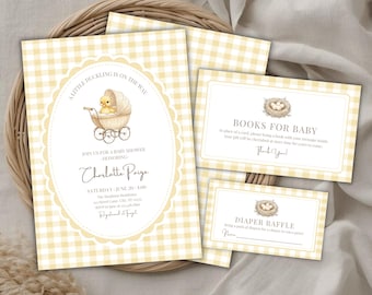 Little Duckling Baby Shower Invite Bundle, Yellow Gingham, Editable & Printable Canva Template (Digital Download) BS31