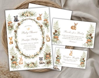 Woodland Animals Baby Shower Invite Bundle, Editable & Printable Canva Template (Digital Download) BS03
