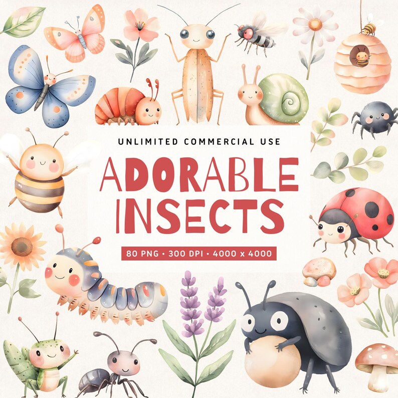 Watercolor Adorable Insects Clipart, Cute Little Bugs, Spring Garden ...