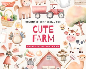 May include: A digital collection of watercolor farm-themed illustrations featuring a horse, pig, cat, cow, donkey, and sheep, alongside a red tractor, windmill, barn, vegetables, and tools, with the text UNLIMITED COMMERCIAL USE CUTE FARM 80 PNG 300 DPI 4000 x 4000.