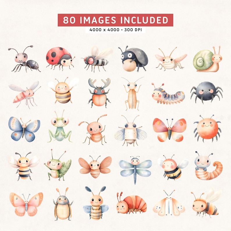 Watercolor Adorable Insects Clipart, Cute Little Bugs, Spring Garden ...