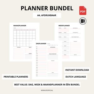 Op de afbeelding: Een bundel printbare planners in het Nederlands, inclusief een maand-, week- en dagplanner. Het ontwerp is minimalistisch met een witte achtergrond en zwarte tekst. De tekst bevat "Planner Bundel", "A4, Afdrukbaar" en "Instant Download".