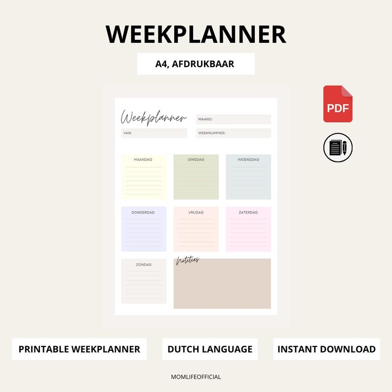 Weekly Planner Printable PDF | Dutch Week Planner | A4 Printable ...