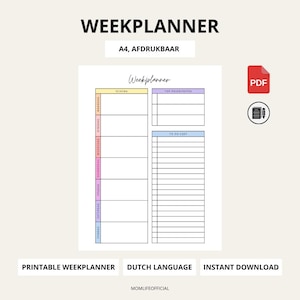 Op de afbeelding: Een afdrukbare weekplanner met de titel "WEEKPLANNER" in grote, vette zwarte letters. De planner bevat secties voor elke dag van de week, topprioriteiten en een takenlijst. De tekst "A4, AFDRUKBAAR" is ook zichtbaar.