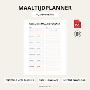 Può includere: Un pianificatore di pasti stampabile in olandese. Il design presenta un layout settimanale con sezioni per ogni giorno, una lista della spesa e spazio per le date. Il testo "MAALTIJDPLANNER" è in alto. Un'icona PDF è visibile.