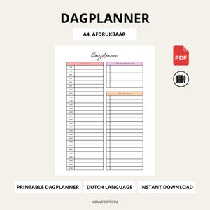 以下が含まれることがあります： 「DAGPLANNER」と題された、A4サイズの印刷可能なデイリープランナー。スケジュール、優先事項、To-Doリストのセクションが含まれています。デザインはピンクとオレンジのアクセントが特徴です。「PRINTABLE DAGPLANNER」、「DUTCH LANGUAGE」、「INSTANT DOWNLOAD」の文字が含まれています。
