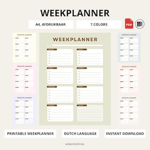 May include: A digital printable weekly planner with the title "WEEKPLANNER" in a variety of pastel colors. The planner includes sections for each day of the week, notes, and the text "A4, AFDRUKBAAR", "7 COLORS", "PRINTABLE WEEKPLANNER", "DUTCH LANGUAGE", and "INSTANT DOWNLOAD".
