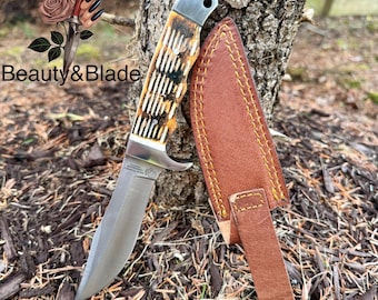Handcrafted 9 Inch Stainless Steel Knife with Burned Bone Handle & Leather Sheath