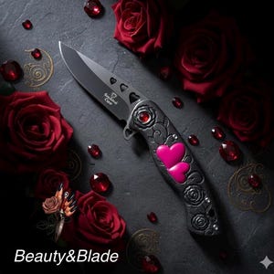 May include: A black folding knife with a heart and rose design, featuring a pink heart accent. The knife blade is dark with the text "Snake Eye". The image includes red roses and gemstones, with the text "Beauty&Blade".