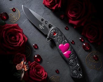 Rose Heart Pocket Knife: Engraved Floral Folding Knife