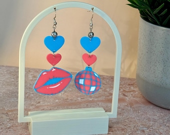 Kiss Disco Ball Dangle Earrings | Concert Outfit Earrings | Fun Statement Kiss Disco Earrings