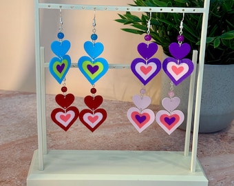 Fun Colour Pop Heart Dangle Earrings | Cute 90s 2000s Retro Earrings | Concert Outfit Earrings
