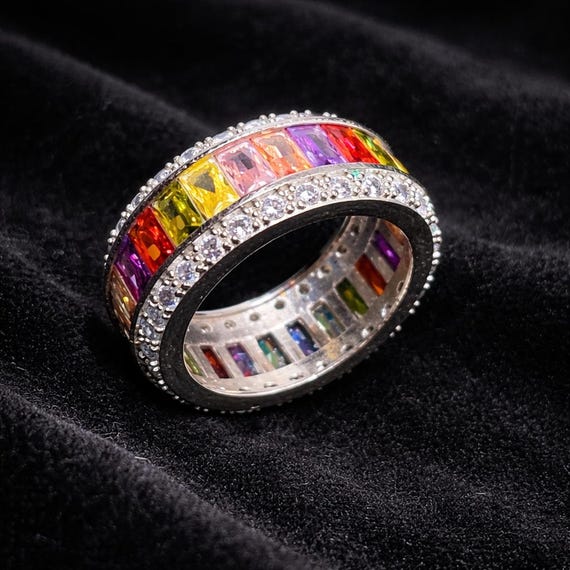 Multicolor Crystal Statement Ring, Wide Band Eter… - image 2
