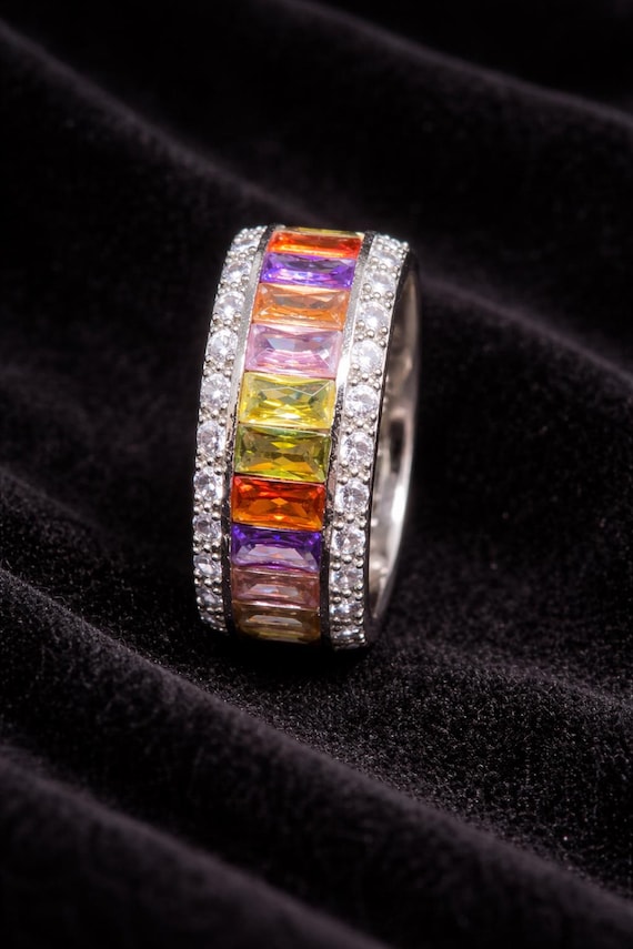 Multicolor Crystal Statement Ring, Wide Band Eter… - image 1