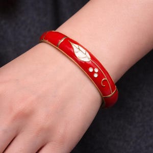 Vintage Red Enamel Bangle, Gold Tone Floral Bracelet