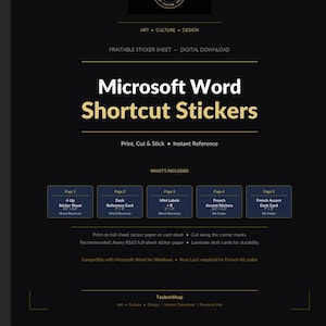 Può includere: Un foglio di adesivi stampabile scaricabile digitalmente con il titolo "Microsoft Word Shortcut Stickers". Il design presenta uno sfondo nero con testo dorato e riquadri blu che dettagliano i fogli di adesivi inclusi.