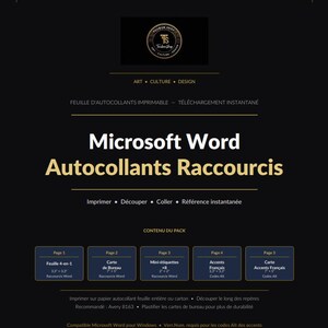 May include: A black and gold digital download graphic with the text "Microsoft Word Autocollants Raccourcis". The image includes a logo and several sections detailing the contents of the pack, including "Feuille 4-en-1" and "Accents Français".