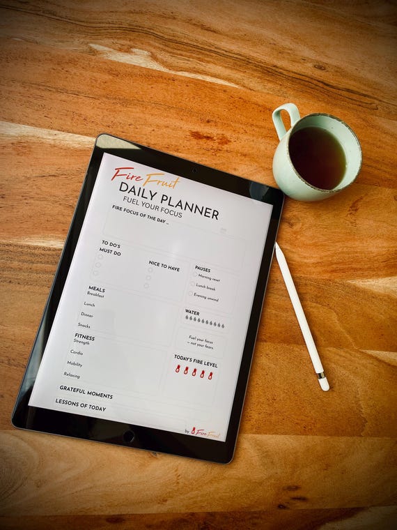 Fillable Digital Planner | Daily Planner Printable PDF | Fitness · Meals · Gratitude · Focus Organizer | Fire Fruit Planner