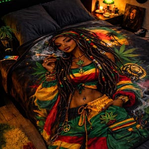 May include: A bed with a blanket featuring a woman with dreadlocks, wearing a red, yellow, and green outfit, smoking. The blanket has a cannabis leaf and lion graphic. A neon cannabis leaf sign is on the wall.