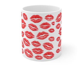 Red Kiss Lips Coffee Mug | Bold Lipstick Print Ceramic Cup | Trendy Valentine Gift