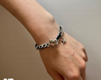 Gothic Leather Star Bracelet, Punk Bracelet, Unisex Jewelry, Y2K Style