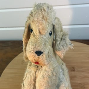 Puede incluir: Un juguete de peluche vintage con forma de perro, de color beige, con orejas caídas y una nariz negra. El perro tiene ojos azules y boca roja. El juguete está hecho de un material suave y texturizado.
