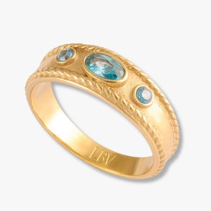 Akvamarin zirkon bysantinsk ring | Vattentät armband i 14 karat guld med PVD