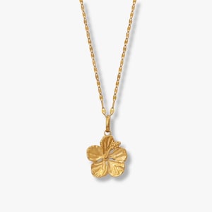 Könnte beinhalten: Goldfarbene Halskette mit einem Hibiskusblüten-Anhänger. Der Anhänger ist ein detailliertes, dreidimensionales Design der tropischen Blume. Die Kette ist eine filigrane, flache Gliederkette. Die Halskette wird vor weißem Hintergrund präsentiert.