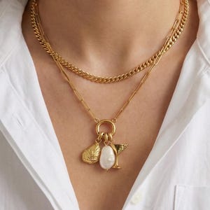 Martini Glass Charm Necklace | Gold Paperclip Chain, Pearl Accent