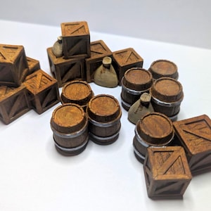 Tabletop Terrain Scatter Pack | Kisten, Fässer, Säcke - Unlackierte PLA