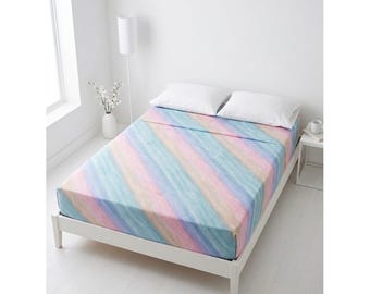 Vintage Burlington House Full Sheet Set Flat Fitted Pastel Watercolor Stripe