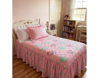 Vintage 90s Minnie Mouse Twin Bedspread Ruffle Coverlet Quilt Pink Polka Dot