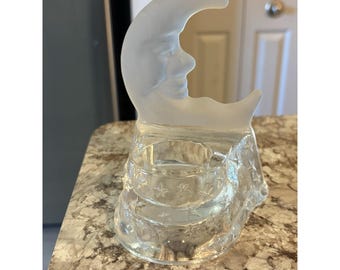90s Celestial Crescent Moon & Stars Tealight Candle Holder Frost Glass Partylite