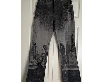 Y2K Vintage Rare CREST Jeans Gray City Artist Skyline Flare Women Sz 1/2