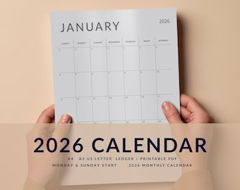 Minimalistische maandkalender/planner 2026, afdrukbare pdf (A4, A3, US Letter, Ledger) maandag en zondag start