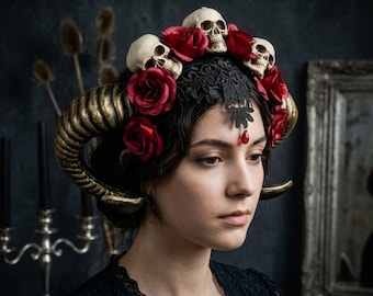Gold Horn Headband Gothic Skull Red Roses, Krampus Ram Headpiece, Black Lace Flower Headband, Day of the Dead Devil Witch Fairy Headdress